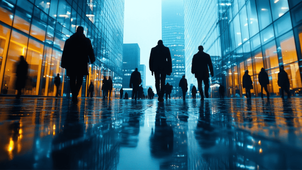 Business professionals walking along a quiet city street at dusk, with soft evening light and an urban backdrop.
